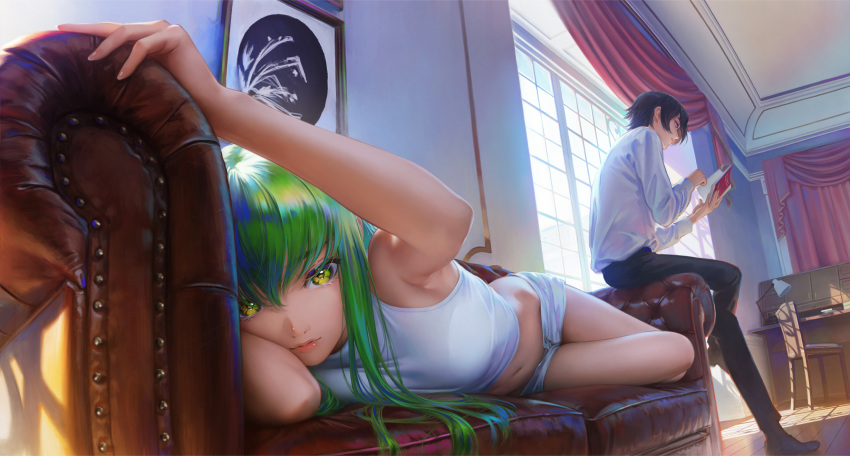 1boy 1girl alternate_costume bangs bare_arms bare_legs bare_shoulders black_pants book breasts c.c. chair code_geass couch green_eyes green_hair highres indoors knee_up large_breasts lelouch_lamperouge long_hair long_sleeves looking_at_viewer lying midriff namako_mikan navel on_side open_clothes open_shorts pants reading shirt short_hair shorts smile stomach white_shirt window yellow_eyes