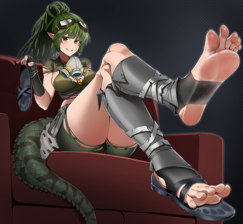 absurdres arknights barefoot crocodilian_tail feet gavial_(arknights) gavial_the_invincible_(arknights) green_hair grin highres holding holding_shoes legs looking_at_viewer oved pointy_ears ponytail sandals shoes single_shoe smile soles stirrup_legwear tail toeless_legwear toes tsa