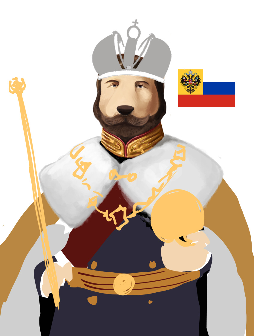 absurd_res anthro canid canine clothed clothing covering crown emperor facial_hair felid fur gold_(metal) gold_jewelry hair hat headgear headwear hi_res jewelry king lion looking_at_viewer mace male mammal medal melee_weapon mitchthegoat mustache painting_(artwork) pantherine royalty russia russian_flag simple_background sketch solo traditional_media_(artwork) tsar watercolor_(artwork) weapon world_war_1