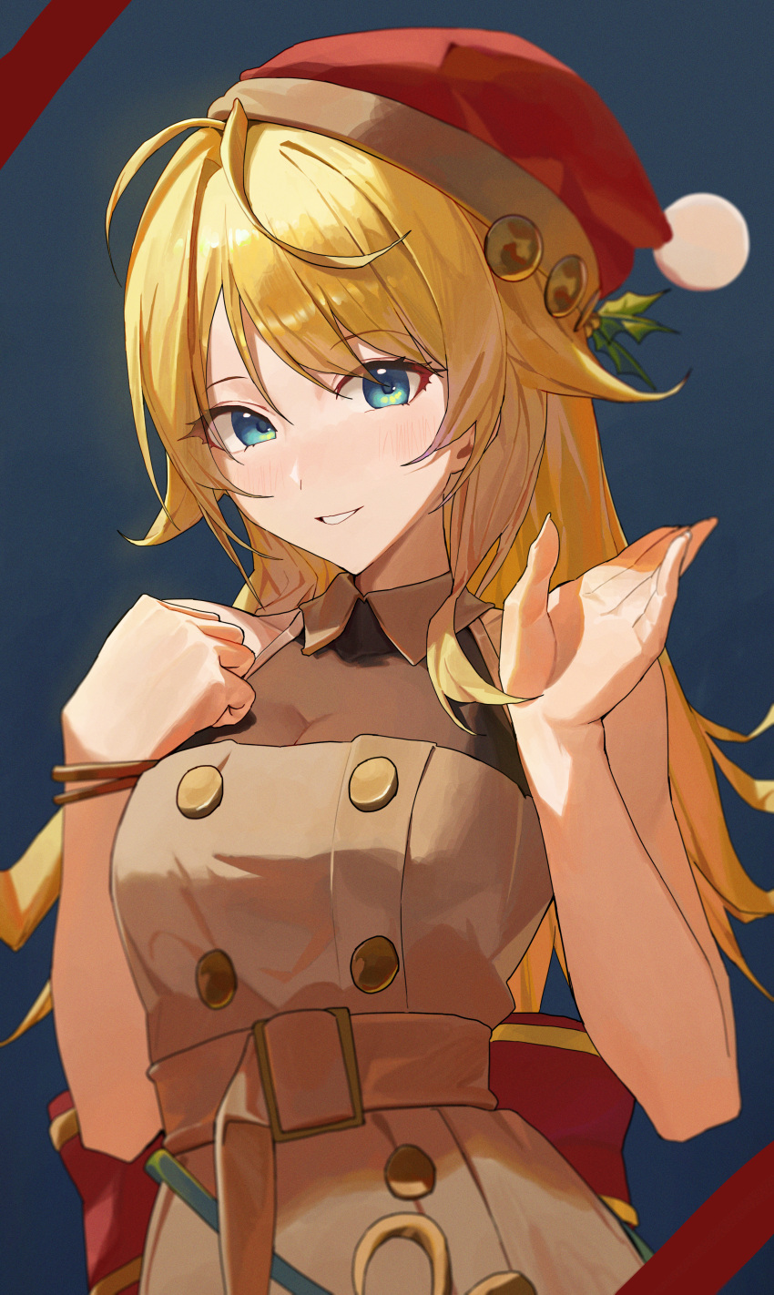 1girl absurdres alternate_eye_color aqua_eyes bangle bangs bare_arms bare_shoulders blonde_hair blue_background bracelet breasts buttons cleavage coat double-breasted grin hachimiya_meguru hair_flaps hands_up hat highres idolmaster idolmaster_shiny_colors jewelry large_breasts long_hair looking_at_viewer santa_hat simple_background sleeveless smile solo starshell swept_bangs upper_body waving