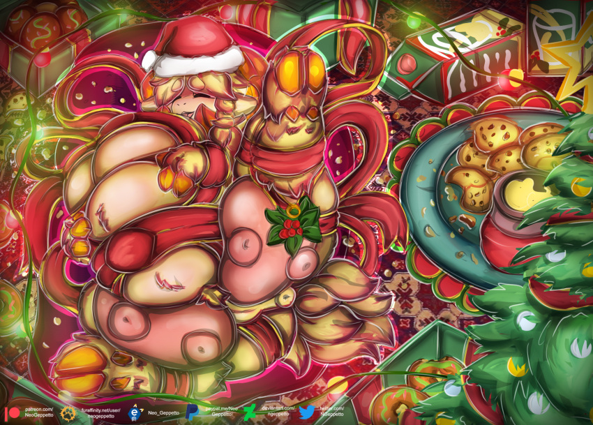 anthro anus belly big_belly big_breasts bodily_fluids bovid breasts caprine christmas christmas_clothing christmas_decorations christmas_headwear christmas_lights christmas_present christmas_tree clothing comic curvy_figure domestic_sheep expansion female fur genitals hat headgear headwear hi_res holidays huge_breasts hyper hyper_belly hyper_breasts inflation lactating mammal milk neo_geppetto nipples overweight overweight_female plant pregnant pussy remi_(neo_geppetto) santa_hat sheep slightly_chubby solo teats thick_thighs tree udders voluptuous wide_hips