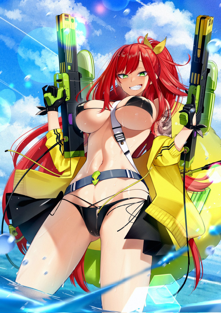 1girl belt bikini black_bikini bow breasts clenched_teeth cloud cluseller dragon_tattoo elly_(vtuber) english_commentary hair_bow highres indie_virtual_youtuber jacket large_breasts long_hair narrow_waist navel ponytail second-party_source sky smile swimsuit tattoo teeth virtual_youtuber water_gun wet yellow_bow yellow_jacket