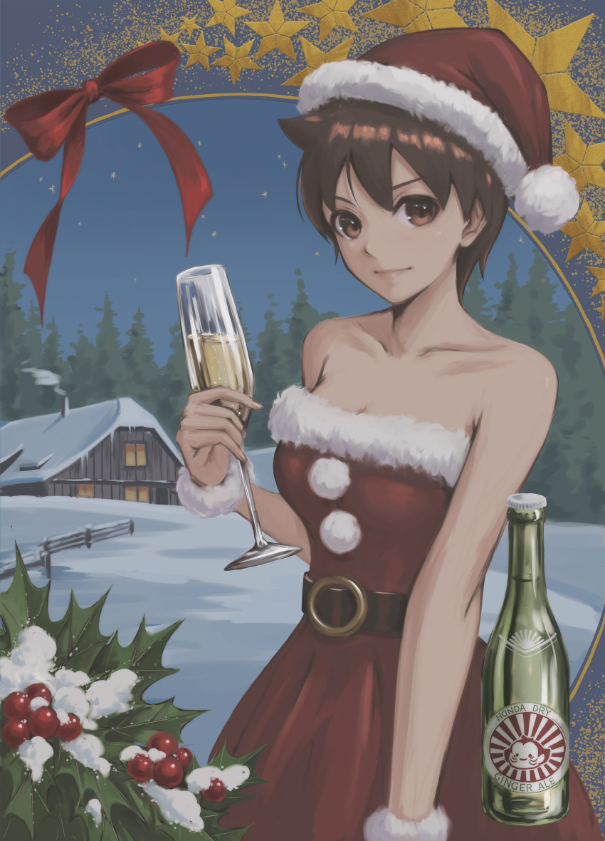 1girl absurdres bangs bare_shoulders belt breasts brown_eyes brown_hair closed_mouth collarbone commentary cup dress fur_trim hand_up hat highres holding house kasugano_sakura lips looking_at_viewer medium_breasts outdoors pom_pom_(clothes) red_dress ribbon santa_dress santa_hat shiny shiny_hair short_hair simple_background snow solo strapless strapless_dress street_fighter street_fighter_zero_(series) tree tyanoki upper_body wrist_cuffs