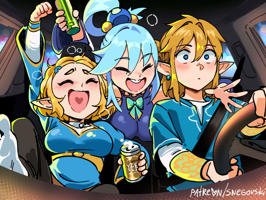 1boy 2girls alcohol aqua_(konosuba) arm_over_shoulder arm_up bangs beer beer_can blonde_hair blue_hair blue_shirt blush bottle bow breasts bubble can car_interior clenched_hand closed_mouth commentary driving drunk ear_piercing elf english_commentary green_bow hair_ornament hairclip highres holding holding_bottle kono_subarashii_sekai_ni_shukufuku_wo! leg_up light_blue_hair link long_hair long_sleeves medium_hair multiple_girls open_mouth piercing pointy_ears princess_zelda seatbelt shirt short_hair signature snegovski socks steering_wheel teeth the_legend_of_zelda the_legend_of_zelda:_breath_of_the_wild the_legend_of_zelda:_tears_of_the_kingdom undershirt upper_teeth_only white_socks wide-eyed