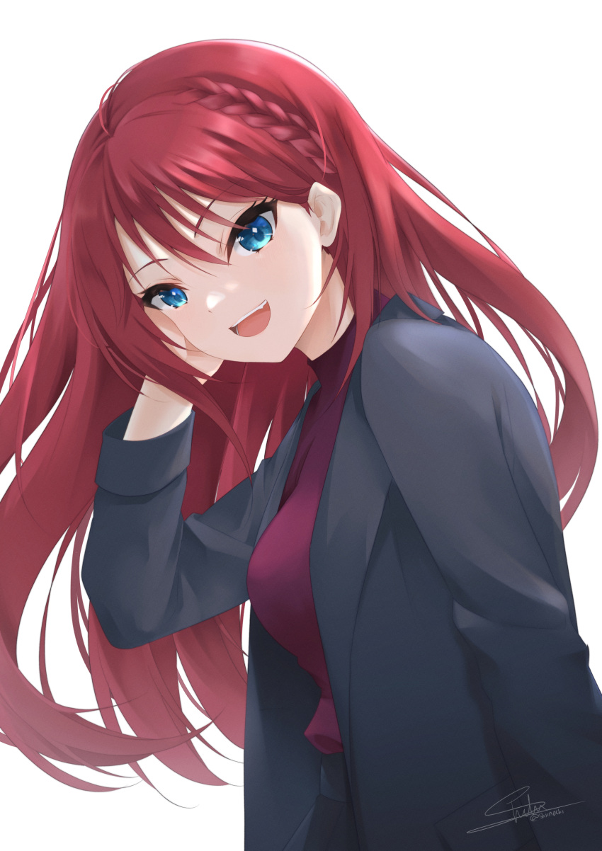 1girl :d absurdres asahina_akane_(nijisanji) bangs black_jacket blue_eyes braid dated floating_hair from_side hair_between_eyes hand_in_own_hair highres jacket long_hair long_sleeves looking_at_viewer nijisanji open_mouth red_hair red_sweater shiinochi signature simple_background smile solo sweater upper_body very_long_hair virtual_youtuber white_background