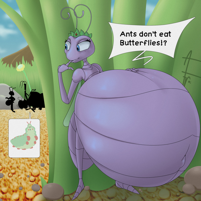 2022 a_bug's_life afraart ant antennae_(anatomy) anthro arthropod beetle belly big_belly crown crown_only crustacean dialogue digestion dim_(a_bug's_life) disney female finger_in_mouth flik_(a_bug's_life) grass group half-closed_eyes hand_on_stomach head_turned heimlich_(a_bug's_life) hi_res hiding hiding_behind_object hymenopteran hyper hyper_belly insect isopoda looking_back malacostracan male marine narrowed_eyes navel nude pill_bug pixar plant princess_atta rhinoceros_beetle scarabaeid signature silhouette slim_(a_bug's_life) soft_vore speech_bubble standing text tuck_and_roll_(a_bug's_life) vore walking_stick_(species) wings woodlouse