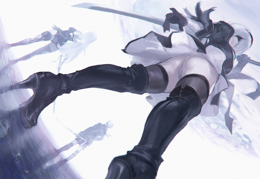 1boy 2girls ass black_blindfold black_footwear black_gloves black_hairband black_jacket black_shorts black_thighhighs blindfold boots breasts from_below full_body gloves hairband high_heel_boots high_heels highres holding holding_sword holding_weapon jacket juliet_sleeves long_hair long_sleeves looking_at_viewer maeshima_shigeki medium_breasts multiple_girls nier_(series) nier_automata puffy_sleeves red-eyes_black_dragon short_hair shorts solo_focus sword thigh_boots thighhighs upskirt weapon white_hair yorha_no._2_type_b yorha_no._9_type_s yorha_type_a_no._2