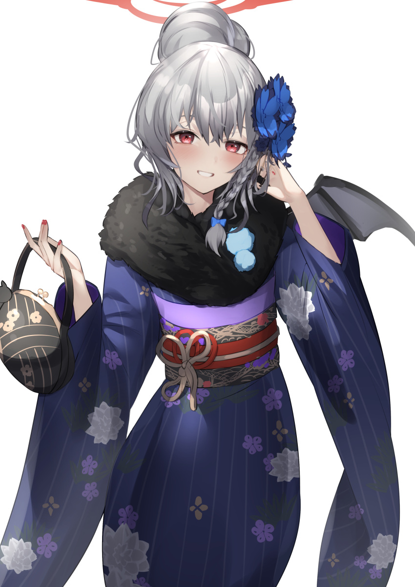 1girl absurdres adjusting_hair bag black_wings blue_archive blue_bow blue_flower blue_kimono blush bow braid e_buki flower fur-trimmed_kimono fur_trim grey_hair grin hair_between_eyes hair_bow hair_bun hair_flower hair_ornament halo haruna_(blue_archive) haruna_(new_year)_(blue_archive) highres holding holding_bag japanese_clothes kimono long_sleeves looking_at_viewer obi official_alternate_costume red_eyes sash simple_background single_wing smile solo white_background wide_sleeves wings