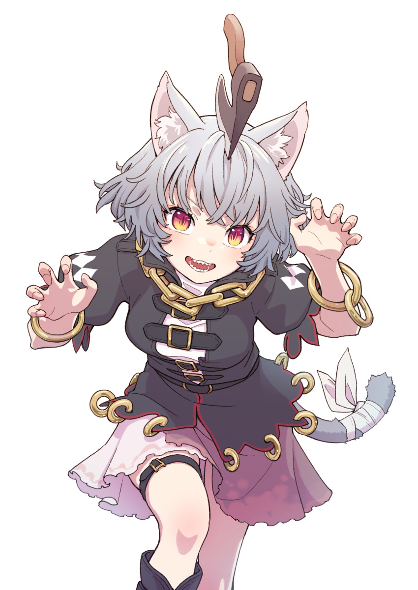 1girl absurdres animal_ear_fluff animal_ears axe black_shirt bracelet brown_eyes cat_ears cat_tail chain grey_hair highres jewelry kawayabug looking_at_viewer open_mouth original planted planted_axe sharp_teeth shirt short_hair short_sleeves simple_background skirt slit_pupils solo tail teeth thigh_strap white_background white_skirt