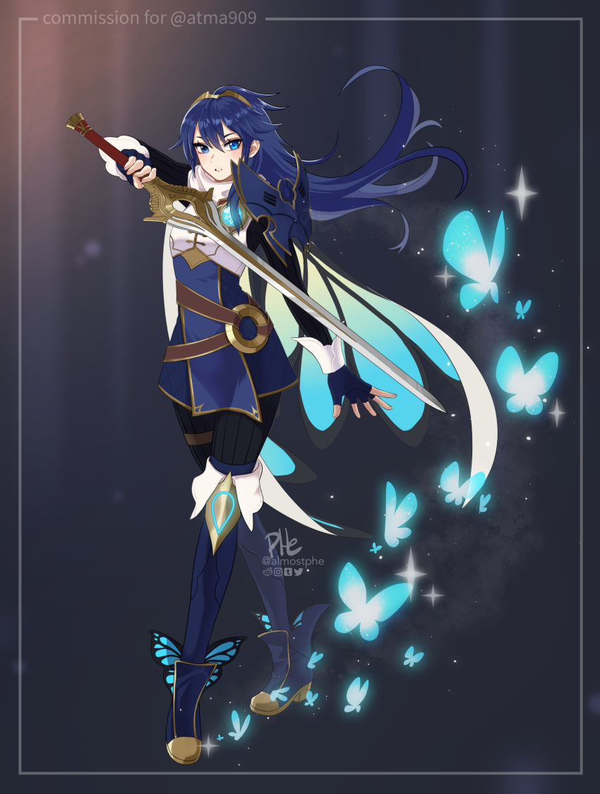 1girl absurdres almostphe alternate_costume armor bangs blue_eyes blue_hair bug butterfly butterfly_wings cape crossover falchion_(fire_emblem) fingerless_gloves fire_emblem fire_emblem_awakening genshin_impact gloves hair_between_eyes highres holding long_hair looking_at_viewer lucina_(fire_emblem) shoulder_armor solo sword tiara twitter_username weapon wings