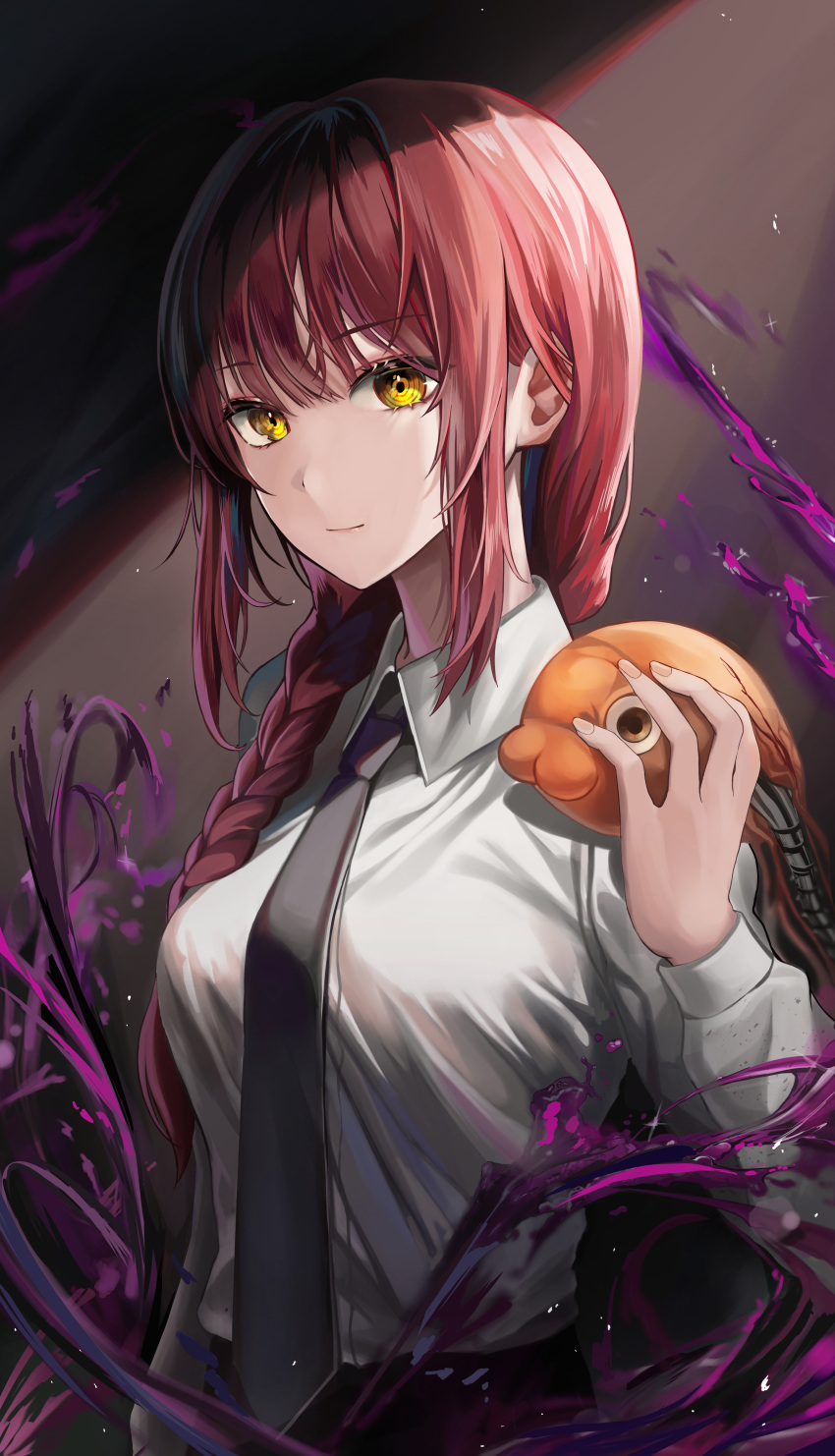 1girl absurdres bangs black_necktie braid braided_ponytail chainsaw_man closed_mouth collared_shirt dress_shirt hair_between_eyes hair_over_shoulder highres illust_sucong long_hair makima_(chainsaw_man) necktie pochita_(chainsaw_man) red_hair shirt smile solo upper_body white_shirt wing_collar yellow_eyes