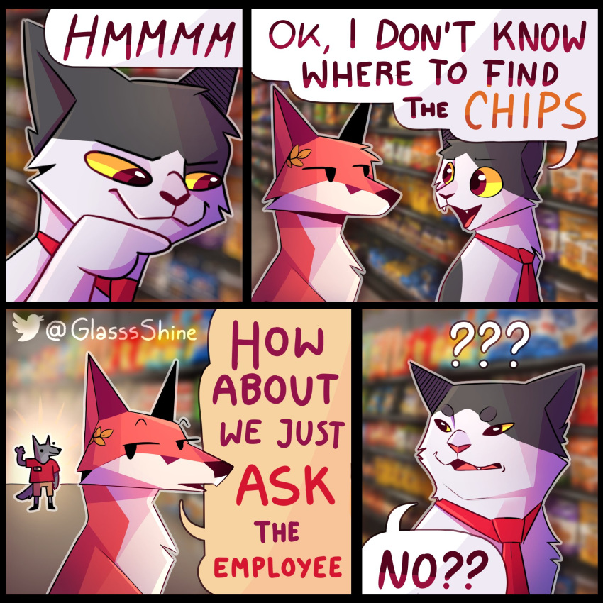 canid canine comic dialogue duo english_text felid feline fox fur glassshine grocery_shopping grocery_store hi_res hubert_(glassshine) inside mammal necktie open_mouth question_mark red_body red_fur steve_(glassshine) text white_body white_fur