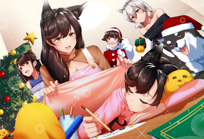 5girls animal_ears atago_(azur_lane) azur_lane blanket choukai_(azur_lane) christmas christmas_tree dog dog_ears dog_girl dutch_angle fake_facial_hair fake_mustache gift kagiyama_(clave) manjuu_(azur_lane) maya_(azur_lane) mother_and_daughter multiple_girls pencil santa_costume sleeping star_(symbol) takao_(azur_lane)