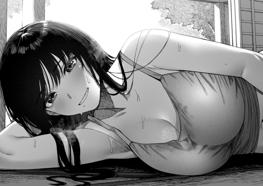 1girl bangs blush breasts camisole cleavage greyscale grin ice_reizou indoors large_breasts long_hair looking_at_viewer lying mole mole_under_mouth monochrome on_side original sliding_doors smile solo sweat upper_body