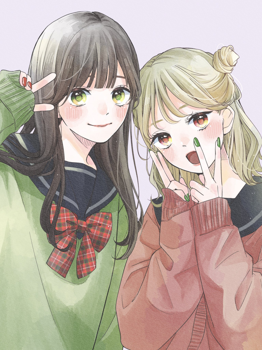 2girls bangs blonde_hair blue_sailor_collar blush bow bowtie brown_hair cardigan closed_mouth commentary finger_to_face fingernails furusato_kou green_cardigan green_eyes green_nails hair_over_shoulder hand_up highres long_hair long_sleeves looking_at_viewer medium_hair multiple_girls nail_polish open_mouth orange_eyes original pink_cardigan pink_lips plaid plaid_bow plaid_bowtie red_bow red_bowtie red_nails sailor_collar school_uniform serafuku simple_background sleeves_past_wrists symbol-only_commentary upper_body v white_background