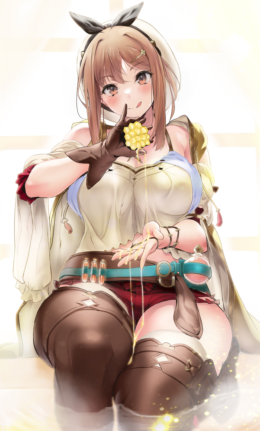 1girl :q atelier_(series) atelier_ryza atelier_ryza_1 belt beret blush breasts brown_belt brown_eyes brown_gloves brown_hair brown_thighhighs cleavage gloves hair_ornament hairclip hat highres honey honeycomb_(object) jewelry licking_lips looking_at_viewer necklace red_shorts reisalin_stout shino_(comic_penguin_club) short_hair short_shorts shorts single_glove sitting smile solo star_(symbol) star_necklace test_tube thighhighs thighs tongue tongue_out water white_headwear