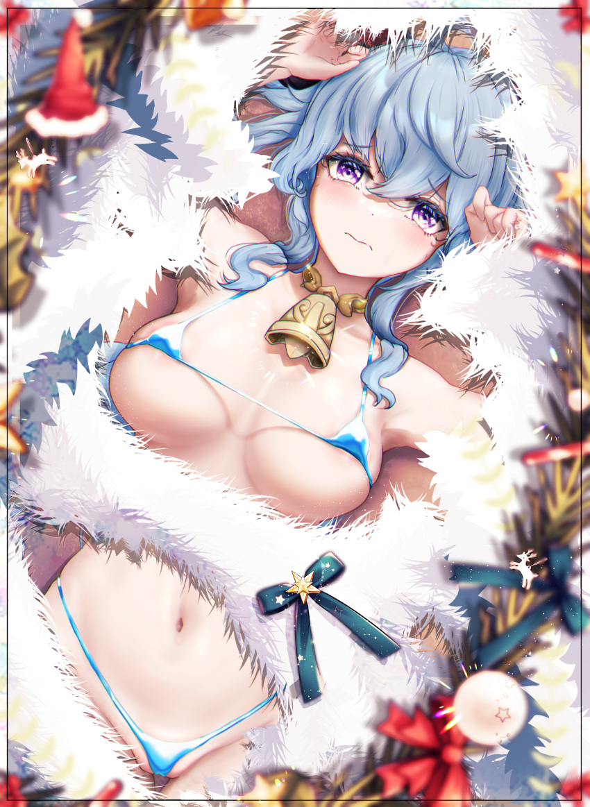 113hue 1girl absurdres antlers bell bikini blue_hair blurry blurry_background blurry_foreground blush box breasts christmas christmas_lights christmas_ornaments christmas_tree coat depth_of_field fur fur-trimmed_coat fur-trimmed_gloves fur-trimmed_headwear fur-trimmed_hood fur-trimmed_kimono fur-trimmed_legwear fur-trimmed_skirt fur-trimmed_sleeves fur_collar fur_trim ganyu_(genshin_impact) genshin_impact gift gift_box gloves hat highres hood japanese_clothes kimono large_breasts looking_at_viewer merry_christmas micro_bikini motion_blur navel reindeer_antlers sack santa_bikini santa_costume santa_hat skirt swimsuit