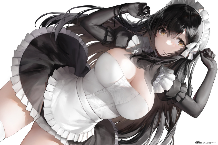 1girl apron arms_up bangs black_gloves black_hair black_skirt black_sleeves breasts brown_eyes cleavage dutch_angle elbow_gloves frilled_skirt frilled_sleeves frills gloves hair_between_eyes hair_in_mouth haori_io highres large_breasts light_blush long_hair looking_at_viewer maid maid_apron maid_headdress original parted_lips simple_background skindentation skirt solo teeth thighs very_long_hair white_background