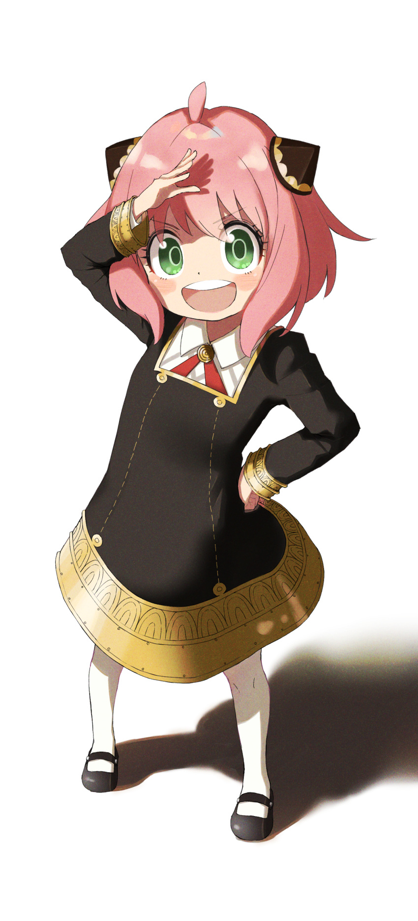 1girl :d absurdres ahoge anya_(spy_x_family) arm_up bangs black_dress blush collared_shirt cone_hair_bun dress eden_academy_uniform female_child full_body green_eyes hair_between_eyes hair_bun hand_on_hip highres long_hair long_sleeves looking_at_viewer neck_ribbon open_mouth pinafore_dress pink_hair red_ribbon ribbon shiny shiny_hair shiraha_(shiraha_0129) shirt simple_background smile solo spy_x_family standing white_background white_shirt wing_collar