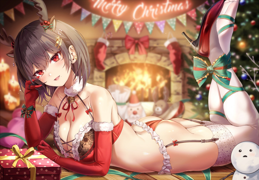 1girl antlers ass bare_shoulders bell bnari bow box bra brown_hair christmas christmas_present cross-laced_clothes elbow_gloves feet_up fire fireplace frilled_bra frills fur_choker garter_straps gift gift_box gloves green_bow hair_ornament hairclip high_heels highres jingle_bell leg_ribbon looking_at_viewer lying merry_christmas neck_bell on_stomach original panties parted_lips red_eyes red_footwear red_gloves red_panties ribbon smile solo thighhighs two-tone_bow underwear white_thighhighs