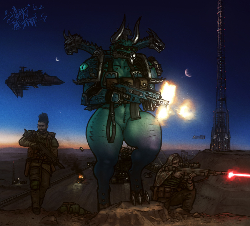2022 3_toes 4_fingers armor blue_body bottomless breasts camo clothed clothing demon feet female fingers genitals green_body group gun horn human male mammal multicolored_body outside pussy ranged_weapon signature sligarthetiger standing thick_thighs toes unconvincing_armor warhammer_(franchise) warhammer_40000 weapon wide_hips