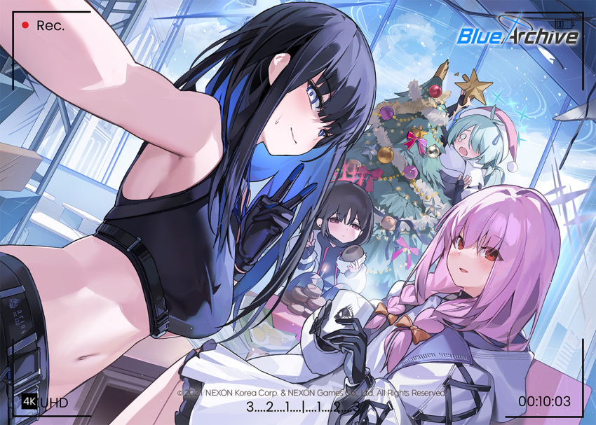 4girls armpits atsuko_(blue_archive) bare_shoulders black_gloves black_hair black_shirt blue_archive blue_hair breasts christmas_tree closed_mouth crop_top cup gloves green_hair hat hiyori_(blue_archive) holding holding_cup indoors large_breasts long_hair long_sleeves looking_at_viewer mask_pull midriff misaki_(blue_archive) mo:oku multiple_girls navel official_art open_mouth pink_hair recording red_eyes santa_hat saori_(blue_archive) second-party_source shirt tearing_up v viewfinder