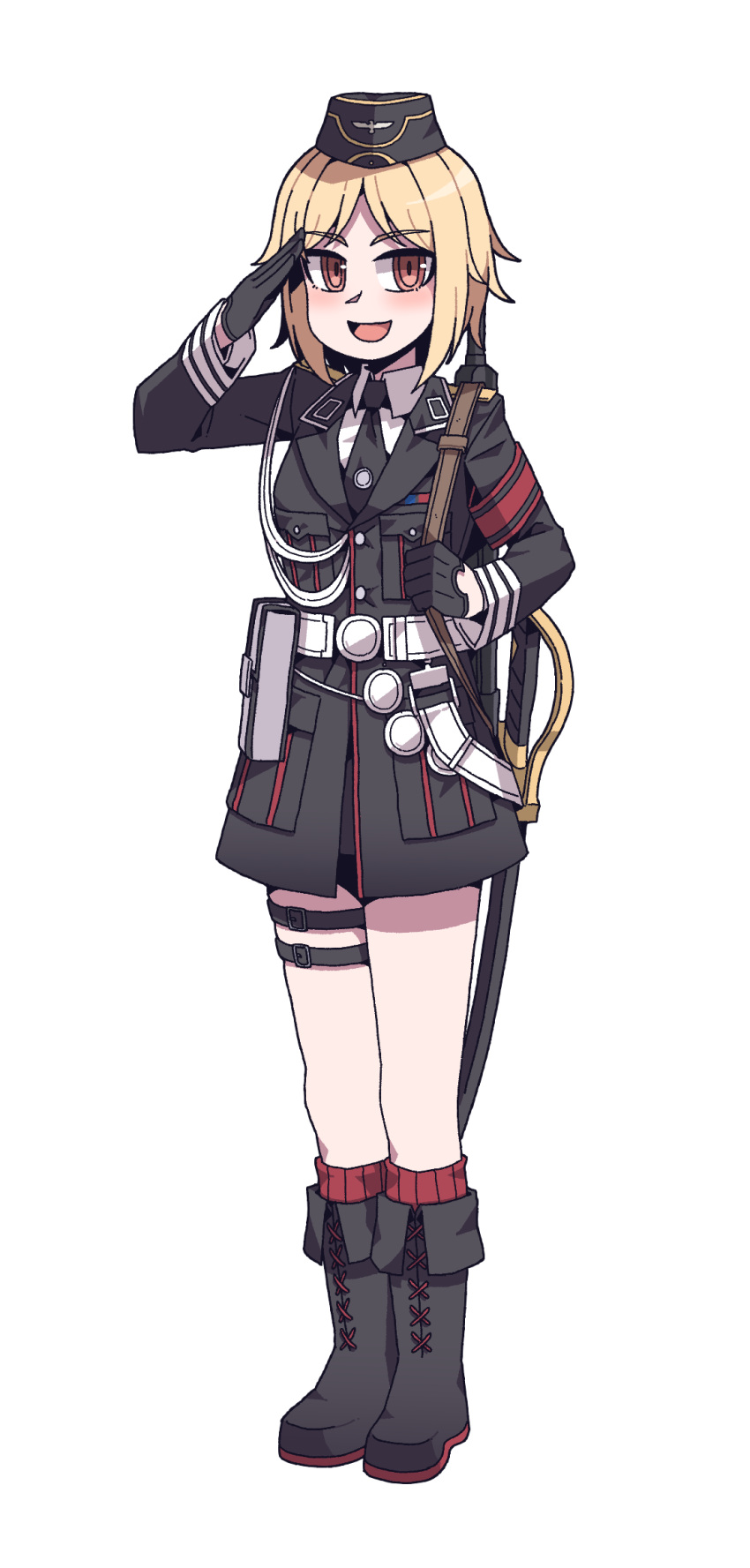 1girl black_footwear black_gloves blonde_hair blush boots brown_eyes commission full_body garrison_cap girls'_frontline gloves gun gun_on_back hat highres holding kare lapels long_sleeves looking_at_viewer military military_hat military_uniform mp40 mp40_(girls'_frontline) necktie non-web_source notched_lapels open_mouth red_socks ribbed_socks saber_(weapon) salute sheath sheathed shirt short_hair simple_background sling smile socks solo standing submachine_gun sword tachi-e thigh_strap transparent_background uniform weapon weapon_on_back