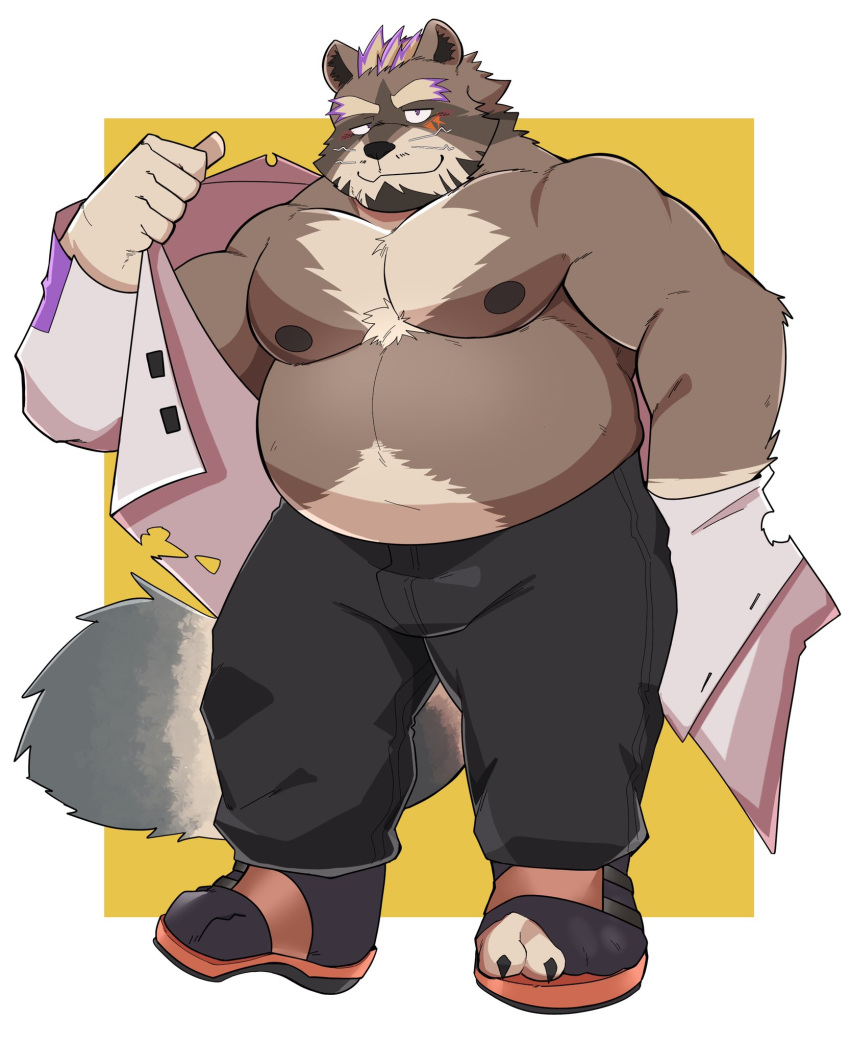 2022 anthro belly big_belly blush bottomwear clothing hi_res kemono lifewonders live-a-hero male mammal moobs nipples overweight overweight_male pants procyonid raccoon solo undressing viscunam whitebeast20