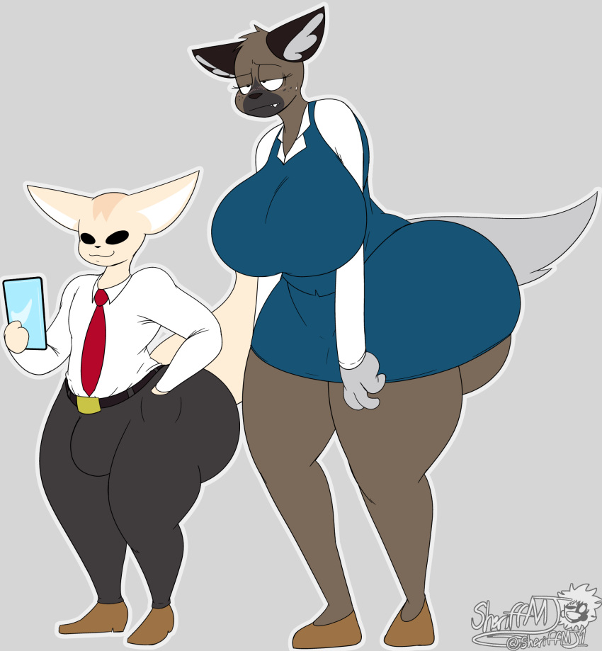 2022 aggressive_retsuko anthro big_breasts big_butt breasts bulge butt clothing crossgender digital_media_(artwork) dress duo female fenneko grey_background haida hi_res huge_breasts huge_butt male male/female masterj291 phone sanrio short_dress simple_background thick_thighs