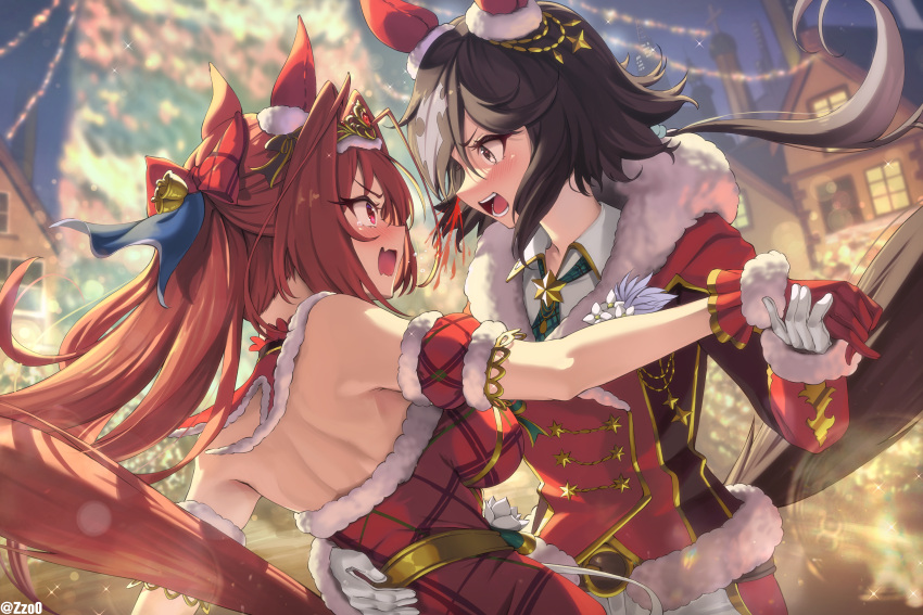 2girls absurdres animal_ears arm_garter blurry blurry_background blush bow breasts brown_eyes brown_hair building buttons christmas christmas_tree collared_shirt commentary daiwa_scarlet_(scarlet_nuit_etoile)_(umamusume) daiwa_scarlet_(umamusume) diffraction_spikes double-breasted dress ear_covers eye_contact fang gloves green_necktie hair_bow hand_on_another's_back highres holding_hands horse_ears horse_girl horse_tail jacket large_breasts long_hair long_sleeves looking_at_another multiple_girls necktie open_mouth outdoors red_dress red_eyes red_gloves red_jacket shirt shoulder_blades skin_fang sleeveless sleeveless_dress stiff_tail symbol-only_commentary tail tearing_up teeth tiara tongue twitter_username umamusume v-shaped_eyebrows vodka_(nonfreezing_aqua_vitae)_(umamusume) vodka_(umamusume) yuri zzo0
