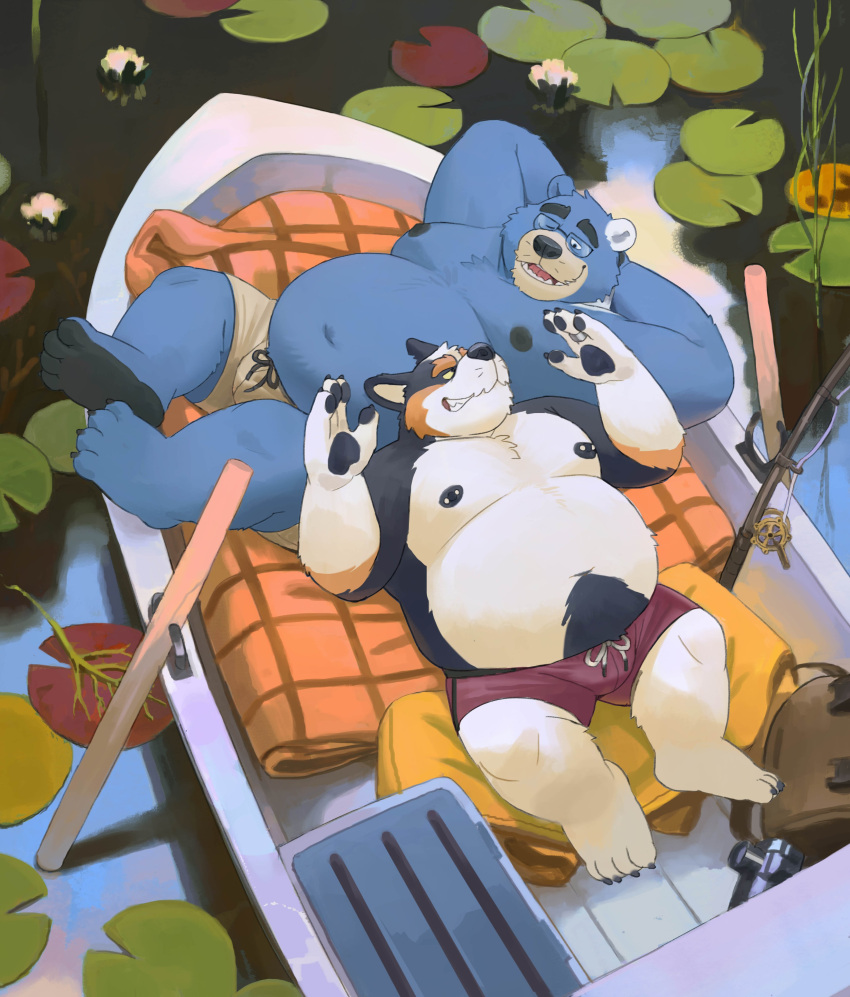 2022 absurd_res anthro bear belly big_belly black_body blue_body bottomwear canid canine canis clothing domestic_dog duo eyewear glasses hi_res humanoid_hands huynhduyad14 kemono lying male mammal moobs nipples one_eye_closed overweight overweight_male shorts white_body