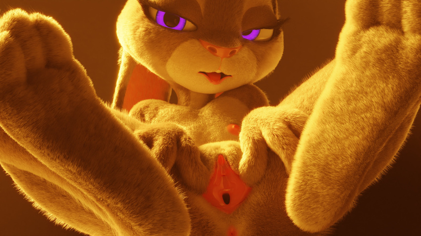 16:9 3_toes 3d_(artwork) absurd_res anus barely_visible_anus breasts buckteeth countershade_face countershade_torso countershading digital_media_(artwork) dipstick_ears disney eyelashes feet foot_focus fur genitals grey_body grey_fur hi_res judy_hopps light lighting looking_at_viewer lying multicolored_ears nipples on_back paws pochemu presenting presenting_pussy purple_eyes pussy simple_background small_breasts spread_pussy spreading teeth toes tongue tongue_out widescreen zootopia