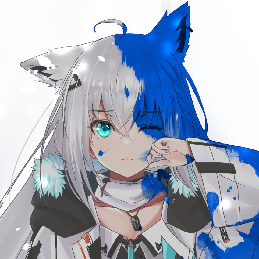 1girl ahoge animal_ears bangs braid closed_mouth collarbone commentary crossed_bangs dog_tags fox_ears fur_trim giba_(56828772) green_eyes hair_between_eyes hand_up highres hololive jacket long_hair long_sleeves looking_at_viewer one_eye_closed open_clothes open_jacket paint_splatter paint_splatter_on_face portrait shirakami_fubuki side_braid simple_background solo straight-on virtual_youtuber white_background white_hair white_jacket wide_sleeves