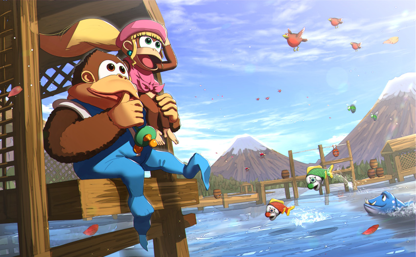 1boy 1girl barrel beret bird blonde_hair blue_pajamas blue_sky boardwalk body_fur booty_bird brown_eyes brown_fur buzz_(donkey_kong) carrying cloud commentary_request day dixie_kong dock donkey_kong_(series) donkey_kong_country donkey_kong_country_3 earrings fish floating_hair full_body furry furry_female furry_male gonzarez green_eyes hand_up hat highres in-universe_location jewelry kiddy_kong klasp koco_(donkey_kong) lake long_hair monkey mountain nibbla open_mouth outdoors pacifier pajamas pink_headwear pink_shirt ponytail scenery shirt shoulder_carry sidelocks sitting sky sleeveless sleeveless_shirt smile thumb_sucking tied_shirt water