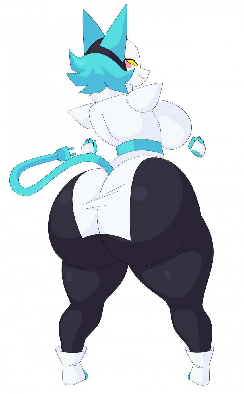 absurd_res anthro big_breasts big_butt blue_hair blush blush_stickers bottomwear breasts butt clothing cytrusawa darkner deltarune felid feline female floating_hands footwear hair hi_res huge_breasts huge_butt machine mammal pants robot shoes side_boob smile solo tasque_manager thick_thighs topwear undertale_(series) wide_hips yellow_eyes