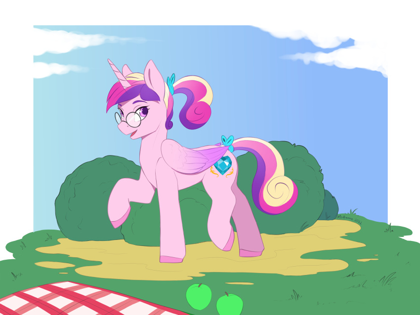 absurd_res apple cloud cutie_mark dated digital_media_(artwork) equid equine eyewear feathered_wings feathers female feral food friendship_is_magic fruit fur glasses green_apple hair hasbro hi_res horn mammal miramore multicolored_body multicolored_fur multicolored_hair my_little_pony open_mouth outside picnic plant princess_cadance_(mlp) signature simple_background sky smile solo winged_unicorn wings