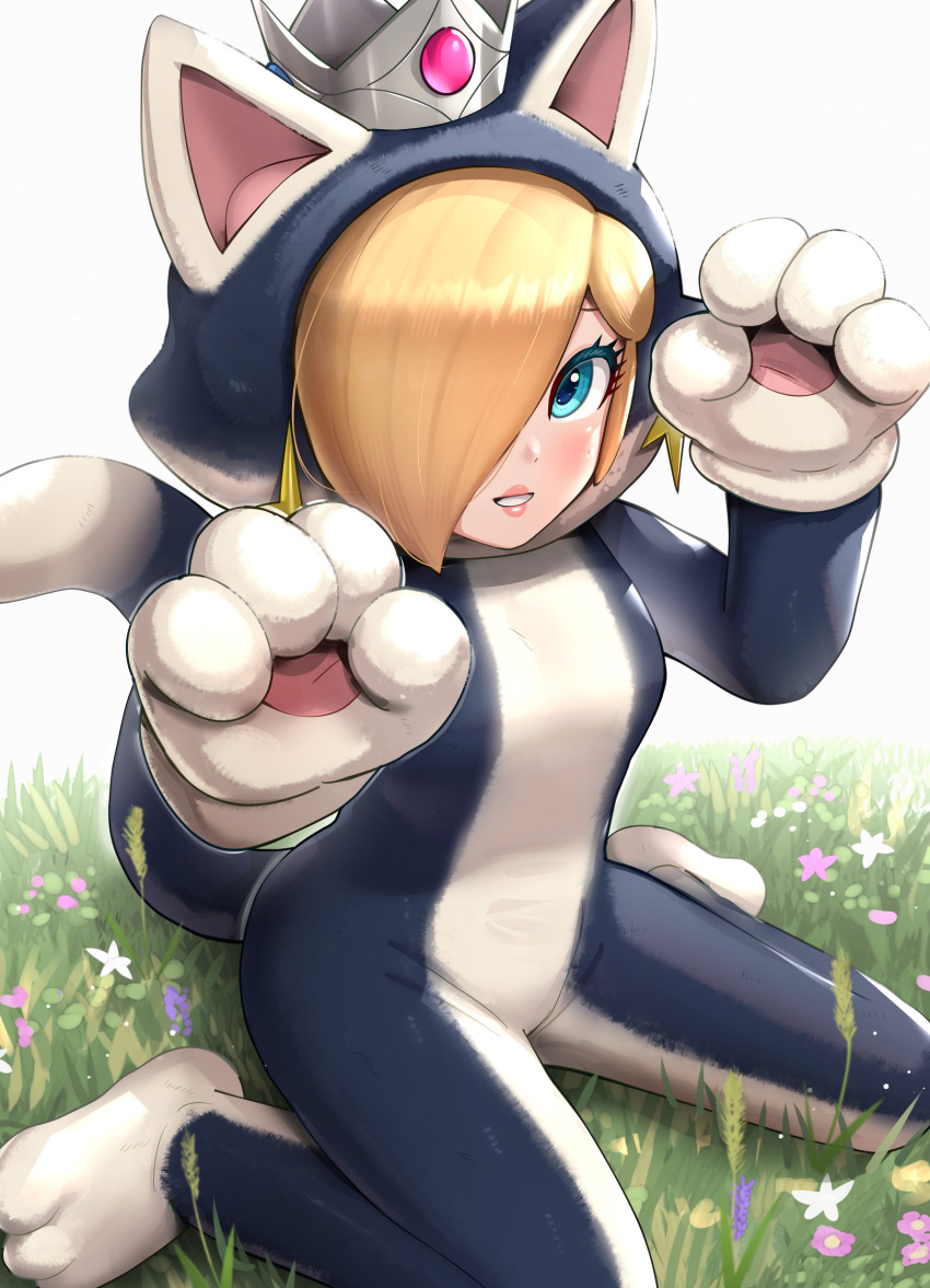 1girl animal_costume animal_ears animal_hands animal_hood bangs blonde_hair blue_eyes blush cat_costume cat_ears cat_girl cat_hood cat_rosalina cat_tail commentary_request crown earrings eyelashes flower from_above gem gonzarez grass hair_over_one_eye hands_up highres hood hood_up jewelry lips looking_at_viewer mario_(series) one_eye_covered parted_bangs parted_lips paw_pose rosalina sidelocks simple_background sitting smile solo star_(symbol) star_earrings super_mario_3d_world swept_bangs tail wariza white_background