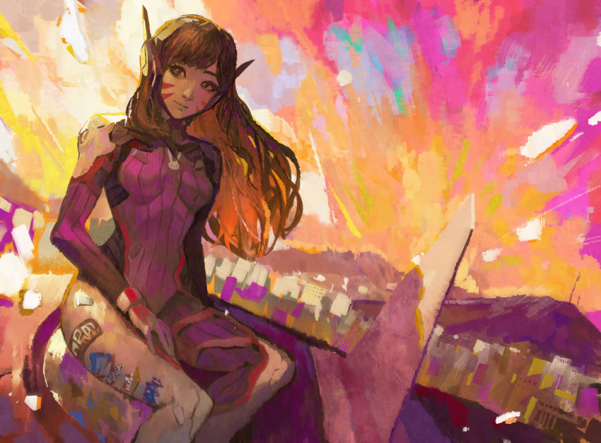 1girl absurdres bangs bodysuit breasts brown_eyes brown_hair d.va_(overwatch) facial_mark feet_out_of_frame gloves headphones highres long_hair looking_to_the_side medium_breasts outdoors overwatch pilot_suit purple_bodysuit sitting solo subakeye swept_bangs whisker_markings