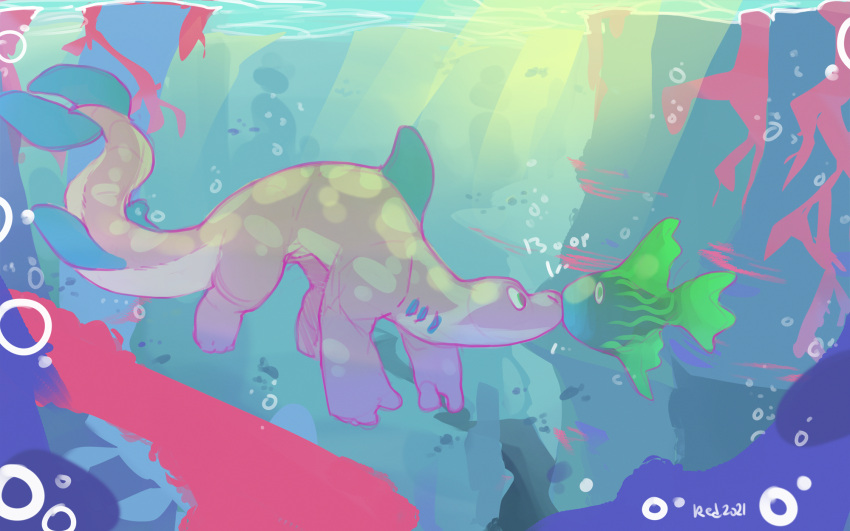 16:10 2021 ambiguous_gender anthro blue_fin blue_gills boop bubble duo fin fish gills green_body green_eyes green_scales hi_res light magu male marine multicolored_body multicolored_scales nose_boop onomatopoeia pink_body pink_scales redishdragie scales signature sound_effects sun_rays sunlight tail_fin text thick_tail two_tone_body two_tone_scales underwater water widescreen