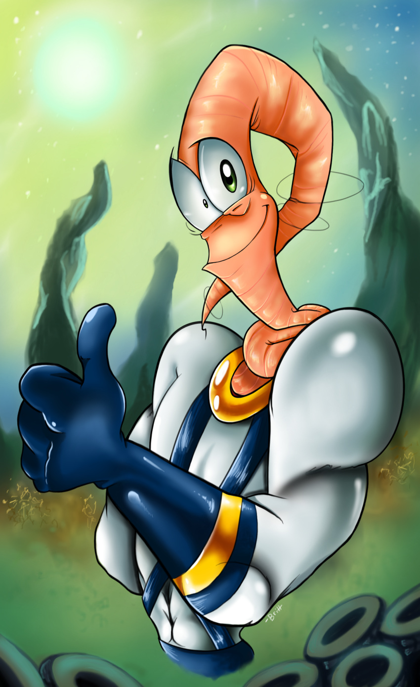 5_fingers 8-bit-britt annelid athletic athletic_humanoid athletic_male biceps blue_clothing blue_gloves blue_handwear clothed clothed_humanoid clothed_male clothing day detailed_background digital_drawing_(artwork) digital_media_(artwork) earthworm earthworm_jim earthworm_jim_(series) fingers futuristic_armor futuristic_clothing gesture gloves green_eyes green_sky half-length_portrait handwear happy hi_res humanoid junk junkyard long_neck looking_at_viewer machine male mountain muscular muscular_humanoid muscular_male outside portrait power_armor sky smile smiling_at_viewer solo standing star starry_sky sun tan_body tan_face tan_head tan_neck tan_skin thumbs_up tire trash white_suit worm worm_humanoid