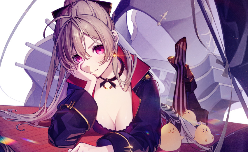 1girl absurdres artillery azur_lane black_jacket black_shorts boots breasts brown_hair cleavage epaulettes flag full_body hand_on_own_cheek hand_on_own_face hatski.sin high_heel_boots high_heels highres jacket jean_bart_(azur_lane) knee_boots long_hair looking_at_viewer lying manjuu_(azur_lane) on_stomach ponytail purple_eyes rigging shorts solo very_long_hair