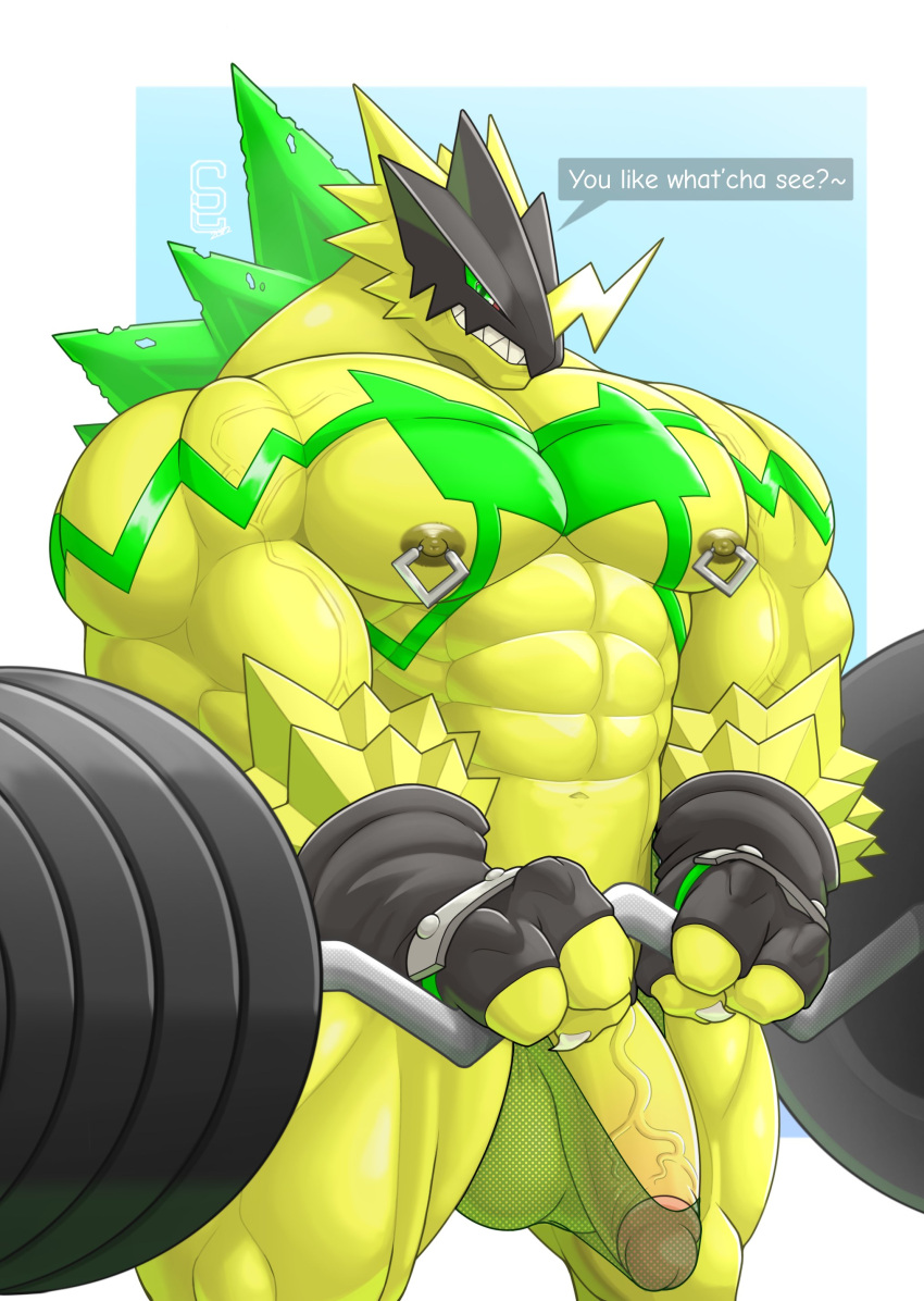 absurd_res anthro balls bandai_namco bulkmon digimon digimon_(species) dumbbell genitals hi_res humanoid looking_at_viewer male muscular muscular_male nipple_piercing nipples pecs penis piercing solard0gg0 solo vein veiny_muscles veiny_penis weights