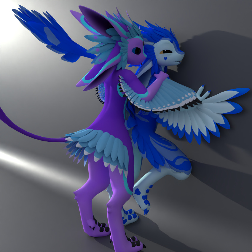 3d_(artwork) against_surface against_wall avali barely_visible_genitalia barely_visible_penis blue_body blue_eyes blue_feathers digital_media_(artwork) dominant duo feathered_tail feathers from_behind_position genitals hi_res jukka jukkavali katt_fennix male male/male male_penetrated penetration penis purple_body raised_leg sex white_body winged_arms wings yellow_eyes