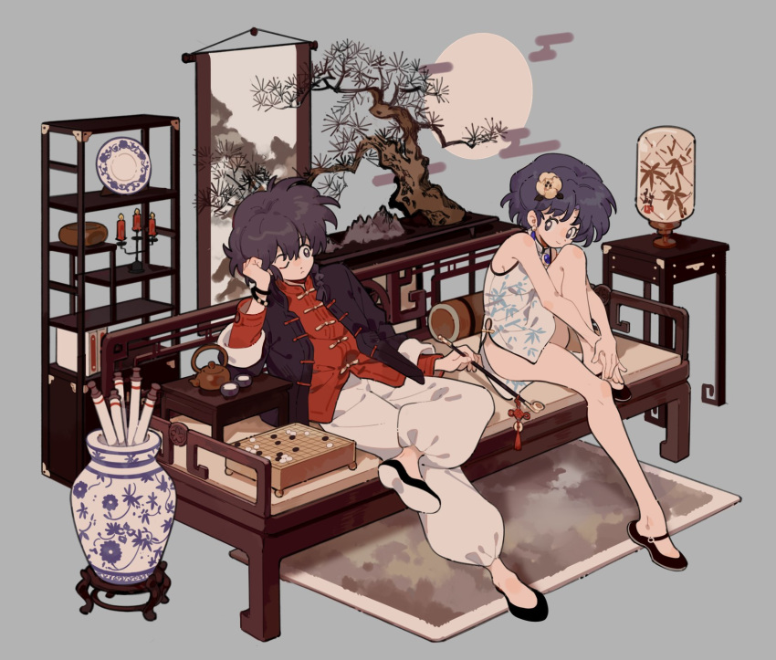 1boy 1girl baggy_pants bench black_footwear black_hair black_jacket blue_hair board_game bonsai bracelet braid china_dress chinese_clothes crossed_legs dress flats flower full_body full_moon go_(board_game) grey_background hair_between_eyes hair_flower hair_ornament hair_over_shoulder hanging_scroll head_on_hand highres holding holding_smoking_pipe hugging_own_legs jacket jewelry lantern legs long_sleeves looking_at_another moon one_eye_closed pants plate ranma_1/2 red_shirt rug saotome_ranma scroll shelf shirt short_dress short_hair short_hair_with_long_locks side_slit sidelocks single_braid sitting siyer_(siyeyeyeyer) sleeveless sleeveless_dress smile smoking_pipe table tea_set teapot tendou_akane thighs vase white_dress white_pants