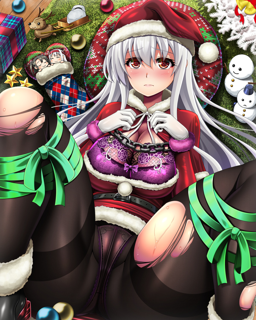 1girl absurdres belt black_belt black_pantyhose bra breasts capelet christmas cuffs dress fur-trimmed_capelet fur-trimmed_dress fur-trimmed_headwear fur_trim gloves handcuffs hat highres kantai_collection large_breasts long_hair lying mirisha official_alternate_costume on_back panties panties_under_pantyhose pantyhose purple_bra purple_panties red_capelet red_dress red_eyes red_headwear santa_dress santa_hat shoukaku_(kancolle) solo thighband_pantyhose torn_clothes torn_pantyhose underwear white_gloves white_hair