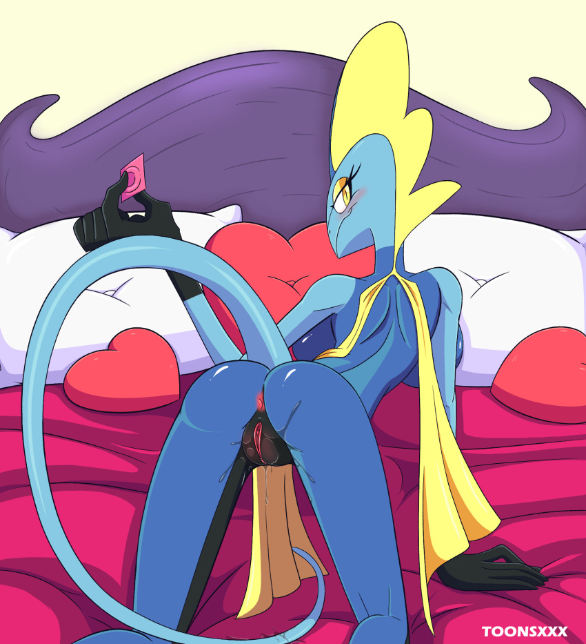anthro anus back_boob bedroom bedroom_sex big_breasts blush blushing_at_viewer bodily_fluids body_blush breasts butt butt_focus clitoris condom condom_wrapper dripping enjoying female generation_8_pokemon genital_fluids genitals heart_pillow hi_res horn huge_breasts inteleon interspecies looking_at_another looking_at_viewer looking_back looking_back_at_viewer nintendo pillow pinup pokemon pokemon_(species) pokephilia pose presenting presenting_anus presenting_hindquarters presenting_pussy pussy pussy_blush pussy_juice pussy_juice_drip pussy_juice_on_bed pussy_juice_on_ground pussy_juice_string rear_view reptile scalie sexual_barrier_device small_butt solo thin_legs toonsxxx under_covers