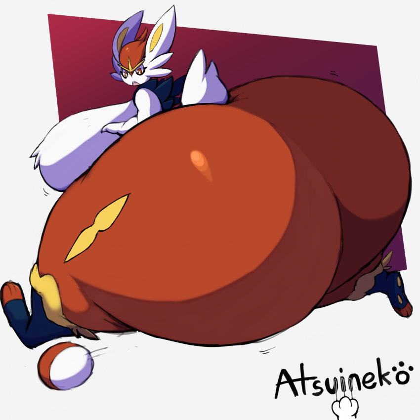 anthro atsuineko ball big_breasts big_butt breasts butt cinderace female generation_8_pokemon hi_res huge_breasts huge_butt huge_thighs hyper hyper_breasts hyper_butt hyper_hips hyper_thighs multicolored_body nintendo nude open_mouth pokemon pokemon_(species) pupils red_eyes side_boob solo thick_thighs two_tone_body white_pupils wide_hips