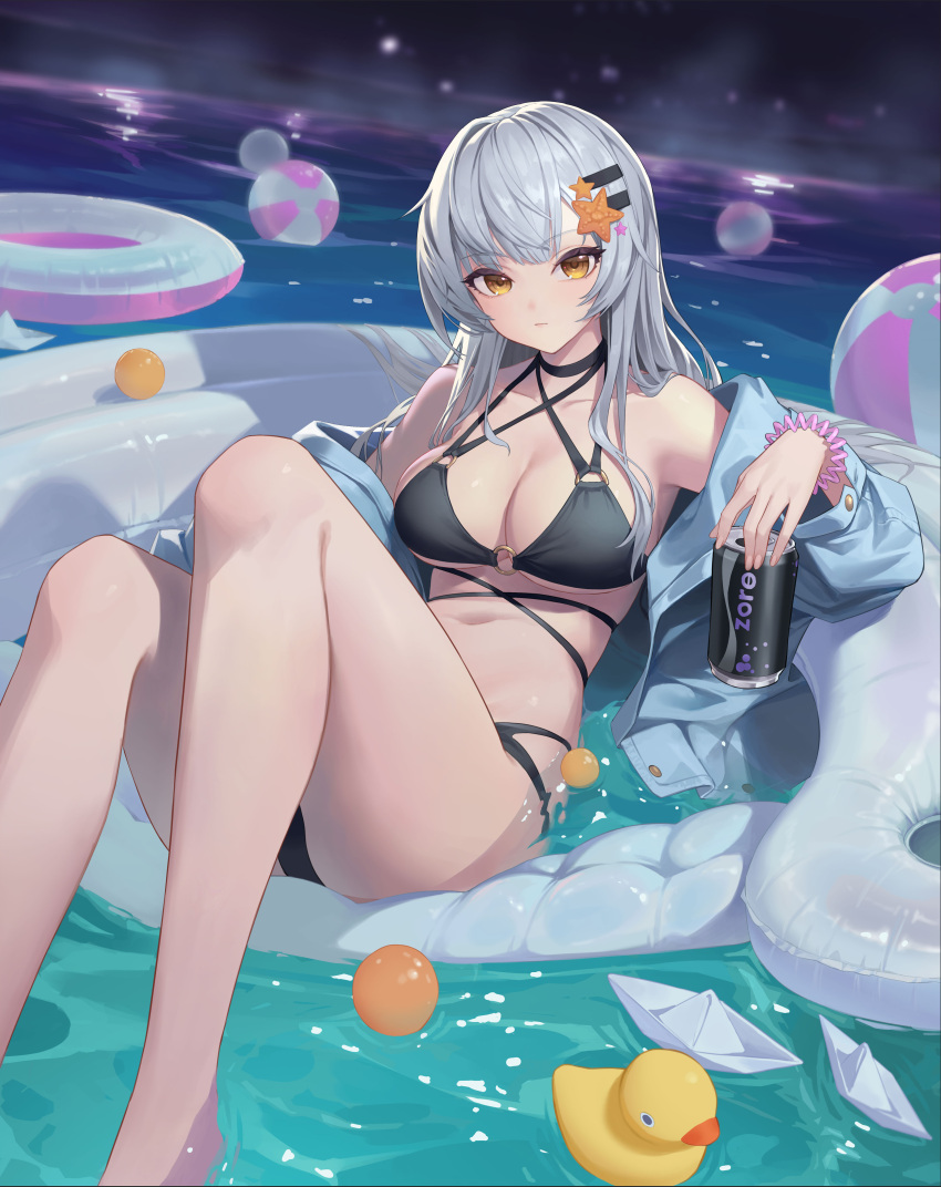 1girl absurdres ball bare_legs bare_shoulders beachball bikini black_bikini black_choker breasts brown_eyes can choker cleavage criss-cross_halter drink feet_out_of_frame grey_hair grey_jacket hair_ornament halterneck highres holding holding_can holding_drink innertube jacket knees_up leaning_back long_hair long_sleeves looking_at_viewer medium_breasts multi-strapped_bikini o-ring o-ring_bikini o-ring_top off_shoulder open_clothes open_jacket original paper_boat pool rubber_duck scrunchie sitting solo starfish_hair_ornament stomach swimsuit thighs water white_hair wrist_scrunchie xzu