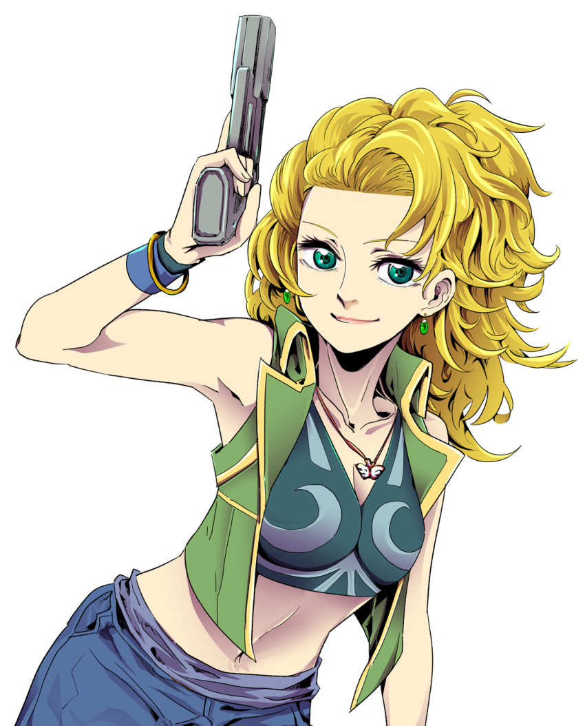 1girl blonde_hair blue_eyes breasts crop_top earrings emilia_(saga_frontier) gun highres jacket jewelry ji-ma long_hair looking_at_viewer saga saga_frontier simple_background smile solo weapon white_background