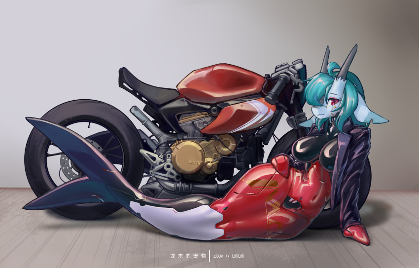 absurd_res anthro big_breasts breasts clothed clothing dragon female fur hair hi_res horn latex latex_clothing looking_at_viewer marine merfolk motorcycle rubber rubber_clothing rubber_suit shanher shanher_(character) simple_background smile solo split_form tight_clothing vehicle wide_hips